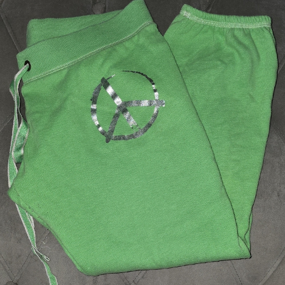 Vibrant Green Sweatpants with Metallic Peace Sign